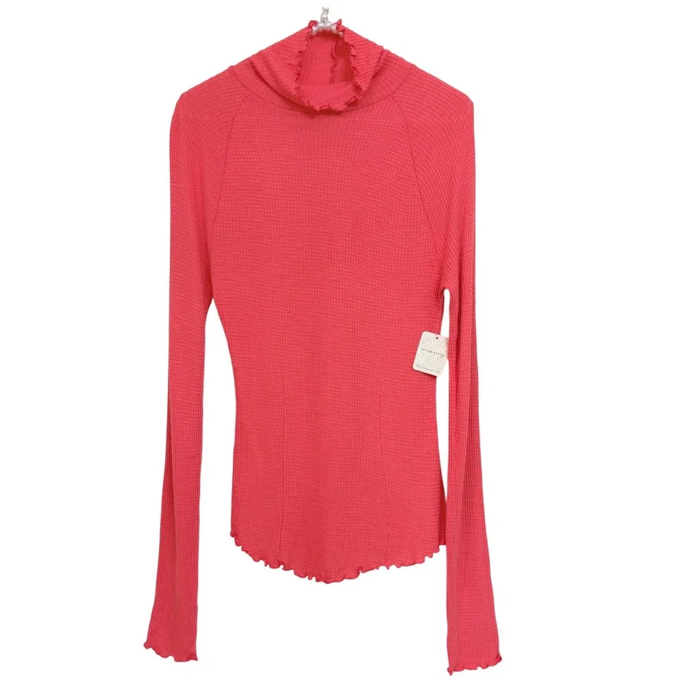 Free People Intimately Watermelon Wedge Pink Waffle Knit Turtleneck Top S NEW
